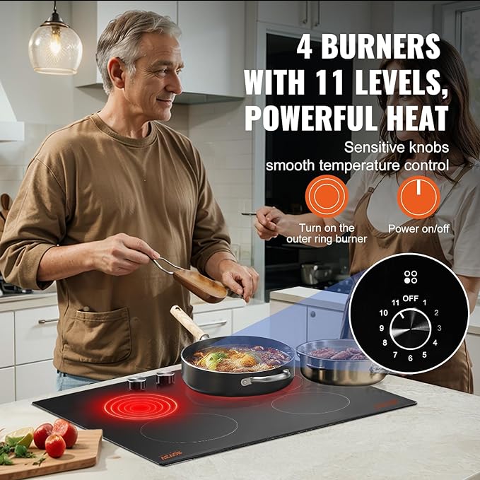 VEVOR Electric Ceramic Cooktop, Built-in Electric Stove Top, with Glass Panel, Knob Control, 11 Heat Levels, for Diverse Cooking Requirements (24inch-4burners/220V)