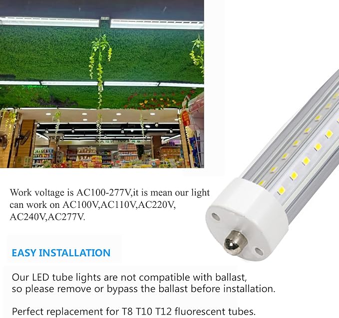 5ft T8 LED Tube Lights,45W 4500lm,White 6500K,Single Pin 5 Foot LED Bulbs,57.8 inches End to End,F60T12 75W Fluorescent Bulb Replacement,Dual-Ended Power,Ballast Bypass,Shop Lights,Pack of 10