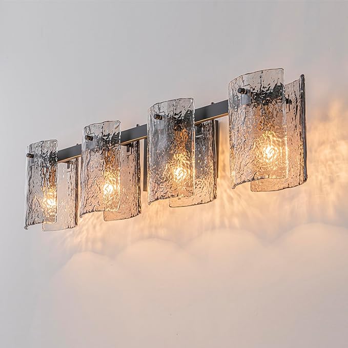 EDISLIVE Vintage Bathroom Vanity Light Black 4-Light Bath Wall Light Fixture with Ripple Block Shades Glass 32.9" E12 Antique Wall Sconce for Bedroom Hallway Living Room Vanity Mirror