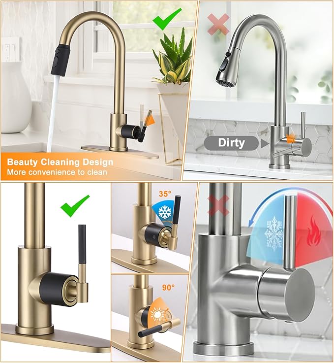 Brushed Gold Pull Down Kitchen Faucet -Modern High Arc Single Handle Kitchen Sink Faucet with Sprayer，Stainless Steel Rv Sink Faucet ，Fit for 1/3 Hole with 10" Deck Plate