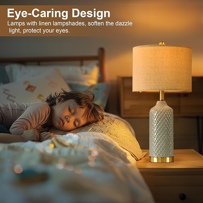 24.25" Modern Ceramic Blue Table Lamps Set of 2 for Living Room, Farmhouse, Bedside, Coastal Bedroom, Side & End Tables