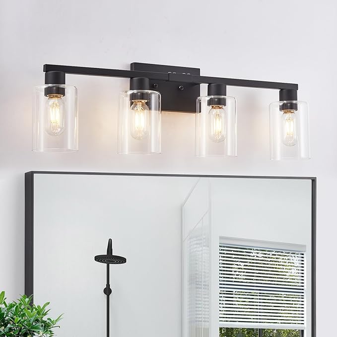 4 Light Bathroom Vanity Light Fixtures, Black Farmhouse Bathroom Vanity Light with Clear Glass Shade, Bathroom Lighting Fixtures Over Mirror, Vanity Lights for Bathroom Mirror