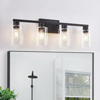 4 Light Bathroom Vanity Light Fixtures, Black Farmhouse Bathroom Vanity Light with Clear Glass Shade, Bathroom Lighting Fixtures Over Mirror, Vanity Lights for Bathroom Mirror