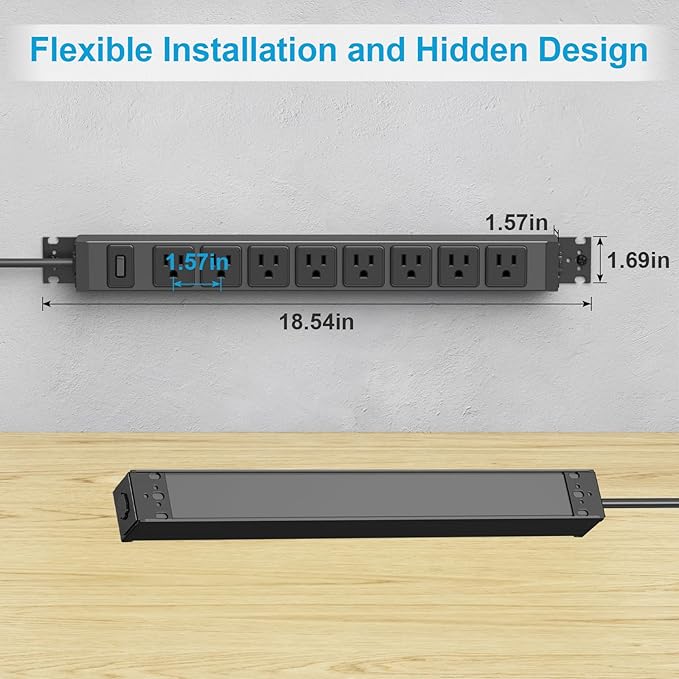 HHSOET Metal 360° Rotating Mountable Power Strip, 8 Outlet Gaming Table Mounted Outlet Strip, Heavy Duty Wall Mount Surge Protector with Switch, 15A 125V 1875W, 6ft Power Cord.(Black)