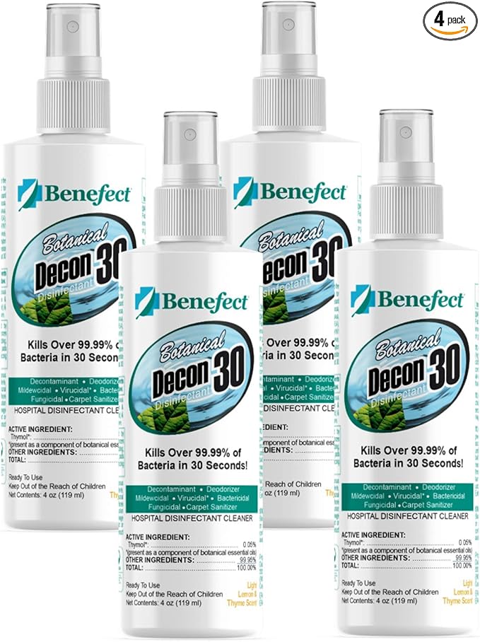 Benefect Botanical Decon 30 Disinfectant Cleaner, 4 oz. Spray Bottle, Light Lemon & Thyme Scent, Hospital Grade Disinfectant, Kills Over 99.99% of Germs, Safe for Food-Contact Surfaces (Pack of 4)