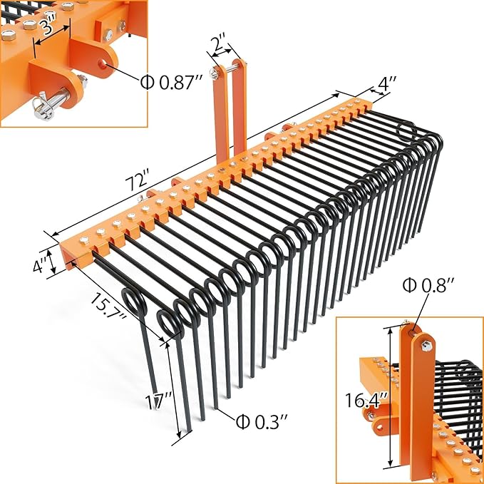 72 Inch 3 Point Tractor Rake, Pine Straw Needle Rake, Durable Powder Coated Steel Spring Landscape Rakes Fit for Cat0, Cat1, Orange