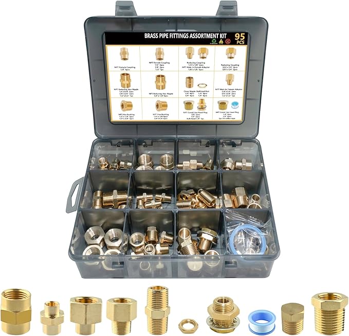 95PCS Brass Pipe Fittings Assortment Kit NPT Adapter,Hex Nipple,Hex Coupling,Reducer Bushing,Reducer Busing, Close Nipple, Hex Head Plug,BulkHead Nut&Bulk Head NPT Fittings Kits