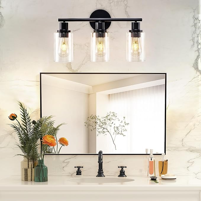DLLT 3-Light Bathroom Light Fixtures: Black Modern Vanity Lights with 3 E26 Bulbs - Clear Glass Shade Bathroom Wall Lamp for Mirror Kitchen Living Room - 2 Packs