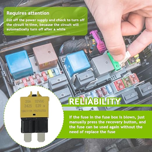 20A DC 12V-32V Manual Reset Circuit Breaker ATC/ATO Low Profile T3 Mini Blade Fuses Breakers for Car Trucks Marine Boat RV Solar and More,2 Pack