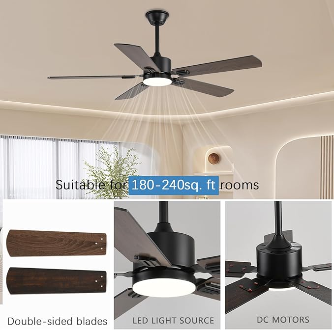 56inch Ceiling Fans with Lights and Remote/App Control, DC Reversible Motor, Noiseless, Dimmable, Low Profile Modern Ceiling Fan for Bedroom Indoor/Outdoor Use（Brown）