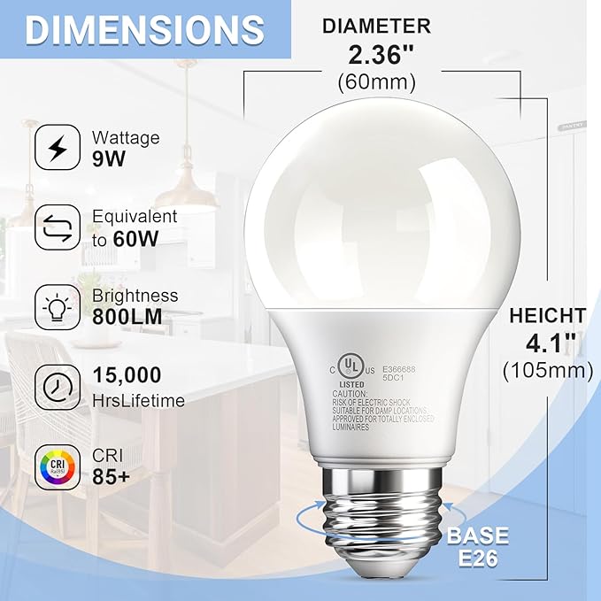 VOLIVO 24 Pack A19 LED Light Bulbs, 4000K Nature White, 9W(60W Equivalent), 800 Lumens, E26 Standard Base, Energy Saving LED Bulb, Non-Dimmable, UL Listed and FCC Certified, for Bedroom Living Room