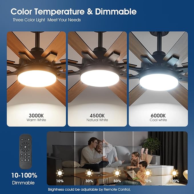 52 Inch Ceiling Fans with Lights and Remote/APP Control, Modern Ceiling Fan for Bedroom Living Room Patio Porch Indoor Outdoor, 6 Speeds, Reversible Quiet Motor, 8 Wood Blades, Brown