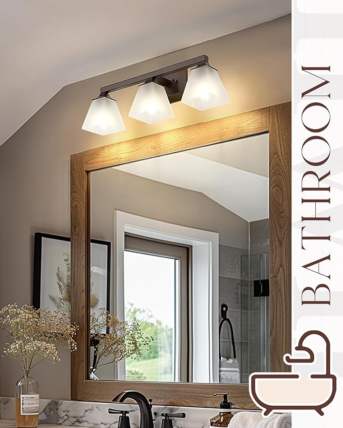 Bathroom Lighting Fixtures, HWH 3-Light Vanity Light Fixture Over Mirror, Farmhouse Wall Sconce Lighting with Frosted White Square Bell Glass, Oil-Rubbed Bronze Finish, 5HY68BG1-3W ORB