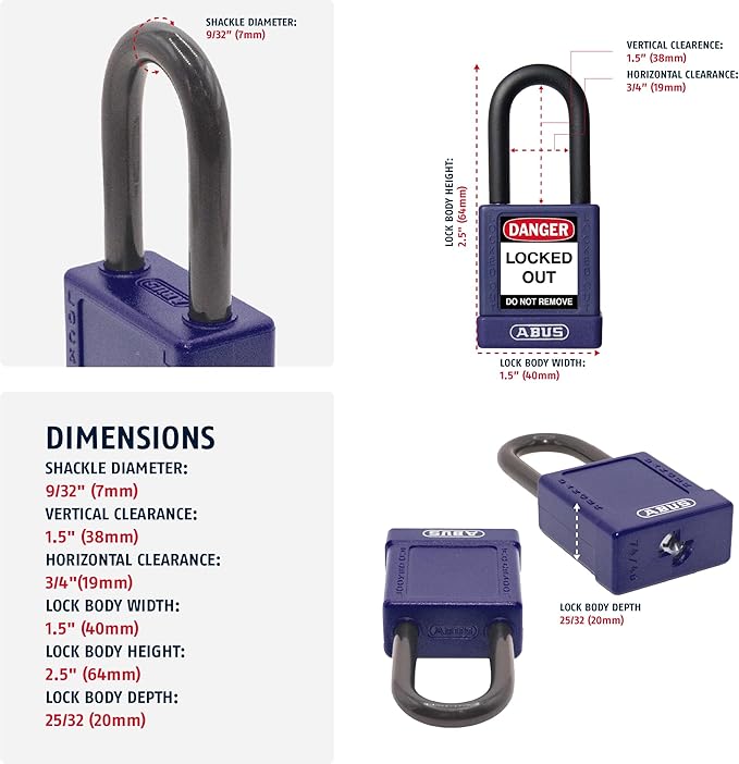 ABUS Purple Pack of 10 Lockout Tagout Premium Solid Body Safety Padlock Set - OSHA Compliant Loto Locks Insulated Against Electric Shock, Keyed Different, 1 Key Per Lock