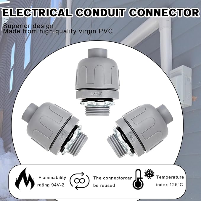 3/4 inch Liquid Tight Connector PVC Flexible Conduit Connector, Straight 180 Degree UL Listed Liquid Tight Connector, Non-Metallic Electrical Conduit Fittings (12 Pack)