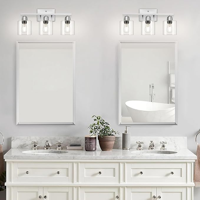 Modern Brushed Nickel 3 Light 19 inch Vanity Lights for Bathroom with Clear Glass, Bathroom Lighting Fixtures Over Mirror for Mirror Kitchen Living Room Hallway Cabinet Porch