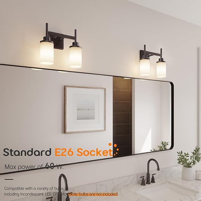 Wall Lights Over Mirror Bathroom Vanity Light Fixtures with White Frosted Glass, Double Wall Sconces for Hallway Entrance, Oil Rubbed Bronze T001ORB-L2