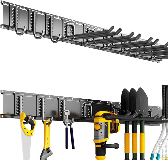 Garden Tool Organizer Wall Mount, 48inch Heavy Duty Garden Tool organizer Storage System, Easy Install With 9 Adjustable Hooks, For Garage, Basement, Shed, Workshop(Black)