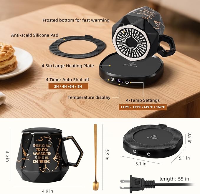 Coffee Mug Warmer & Awesome Mug Set, Smart Heated Electric Coffee Cup Warmer for Desk Office, 4 Temperature Control Tea Coffee Beverage Warmer, 8 Hours Auto Shut Off, Birthday Gifts for Women Man