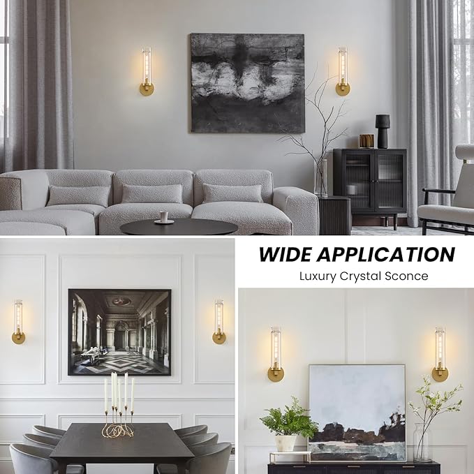 Modern Crystal Brass Gold Sconce: 14.5” Vintage Bathroom Sconce With Bulb - Clear Crystal Glass Tube Hardwired Mirror Vanity Light- Luxury Antique Indoor Brushed Gold Wall Lamp for Bedroom Living Room