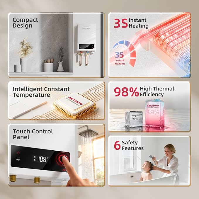 11kW Tankless Water Heater Electric, MIZUDO 240 Volt Instant Hot Water Heater, Up to 2.6 GPM for 1-2 Point of Use, with LED Digital Display, ETL Certified