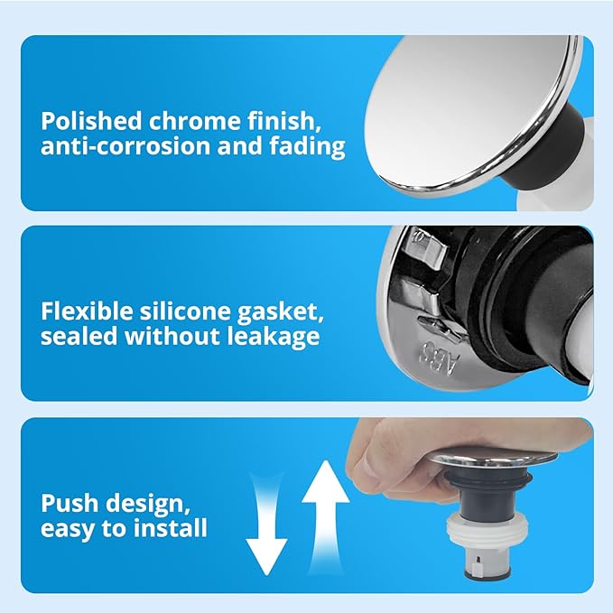 Polished Chrome 972098A Bathroom Sink Push & Seal Pop Up Drain Stopper Assembly,Part number is 35338-06XX,Sealed and Durable