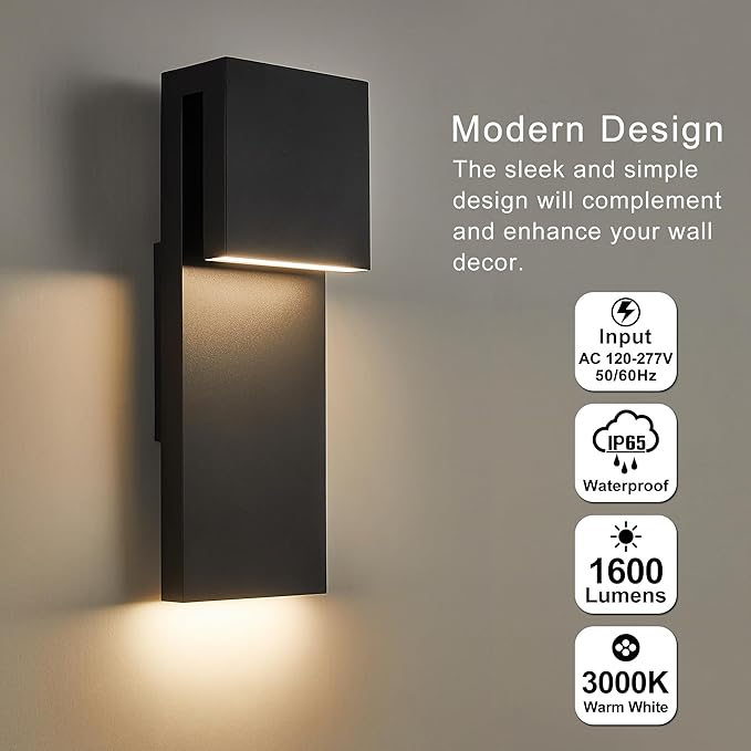 Modern LED Outdoor Wall Sconce 17W Integrated LED Outdoor Wall Mount,Anti Rust Textured Black Suit for Wet Locations and All Rooms,Easily Installed in Any Direction.Bulb Included.