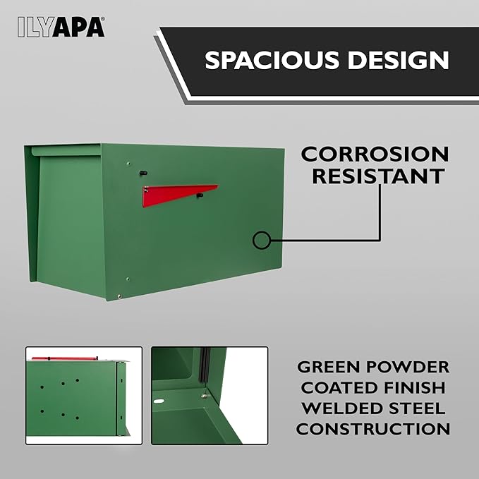 Ilyapa Modern Mailbox for Outside Post Mount - Green Powder Coated Metal Mailbox, Waterproof Letter Box for Parcels, with Recessed Magnetic Close Door