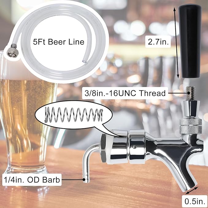 Wadoy Beer Keg Cleaning Kit, Draft Line Shank Replacement Parts, ID 3/16" OD 7/16" Hose 5ft With 1/4'' Keg Coupler Barb, Self-Closing Tap Faucet for Kegerator