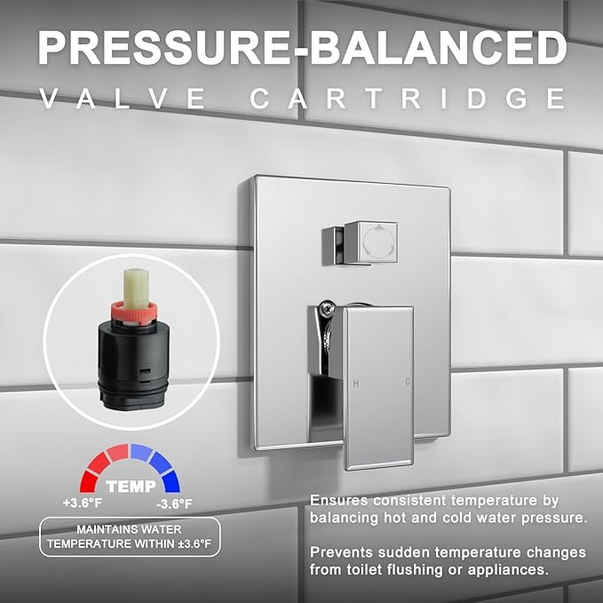 Lava Odoro Modern 3-Setting Square Shower and Tub Faucet Set with Shower Head and Handheld Sprayer Chrome, Rainfall Shower System with Tub Spout, Shower Valve Trim Kit, Chrome, SF103-C-T