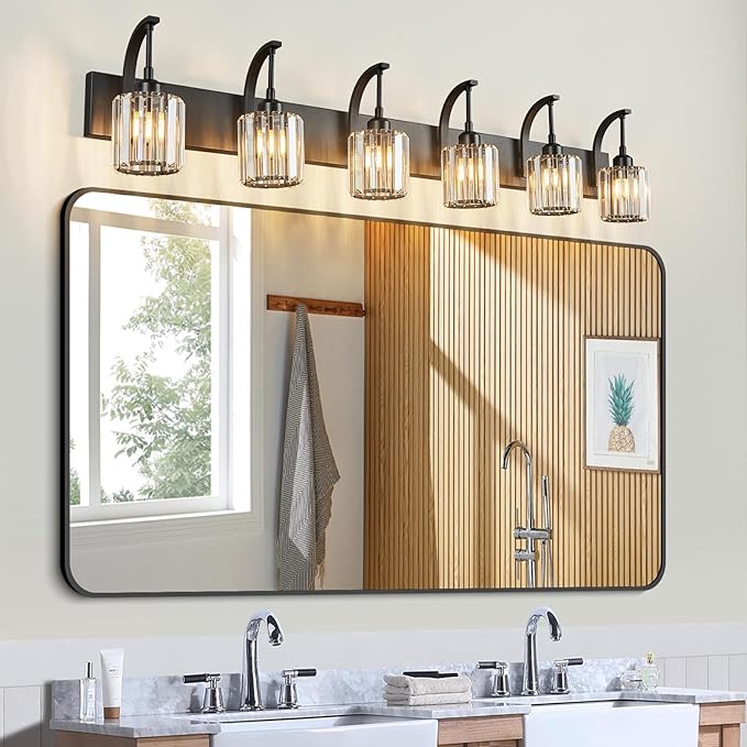 6-Light Crystal Vanity Light, Black Modern Wall Sconce with K9 Crystal Shades, 51.18" Long Over Mirror Lighting for Bathroom, Makeup, Hallway, Elegant & Easy Install