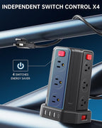 Power Strip Surge Protector, 10 Ft Extension Cord with 12 AC Multiple Outlets 4 USB (1 USB C), SMALLRT Power Tower Desktop Charging Station (Black, 16.4 FT)