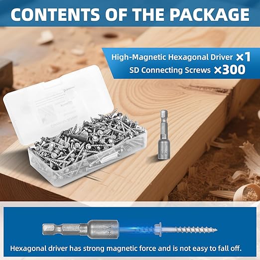 Upgrade SD Connector Screws, #9 x 1-1/2" Heavy-Duty Joist Hanger Screws, 500-Hour Salt Spray Rust Prevention Grade, 1/4" Hex Head with 0.370"-Dia, Replace 10D Nails and Simpson SD9112R100, 300-QTY