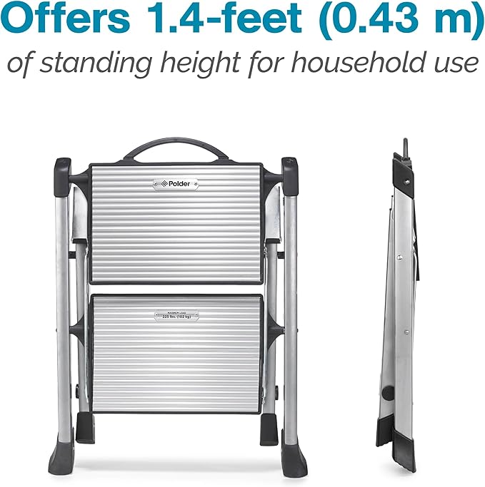 Polder Easy-Close Aluminium 2-Step Stool, Ladder with Non-Skid Feet, Folding Step, Top Step Height - 1.4 feet