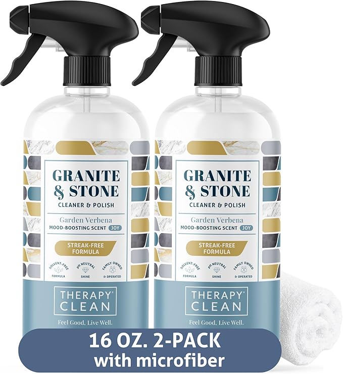 Therapy Granite Countertop Cleaner & Polish (2 Pack - With Microfiber) - pH Neutral, Marble Cleaner, Soapstone, Quartz, Stone, Quartzite, Slate, Limestone, Corian, Laminate