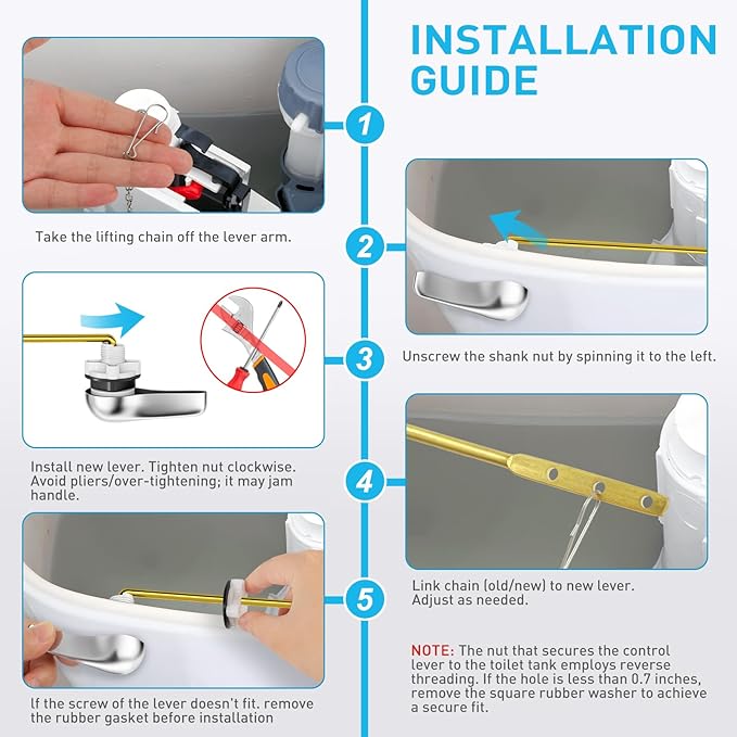 Toilet Handle Replacement Kit - Universal Front Mount Toilet Flush Handle, American Standard Toilet Lever Replacement Fits Most Toilets, Metal Toilet Tank Lever with Steel Flapper Chain [Brass&Chrome]