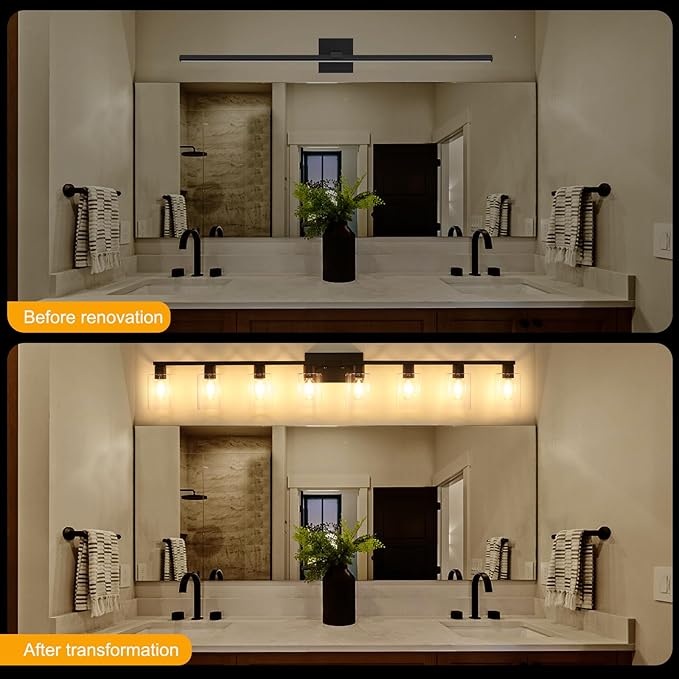 8-Light Black Vanity Light Fixtures,Large Bathroom Light Fixtures Clear Glass ShadeRust and Moisture Resistant Easy to Install Vanity Lights for Bathroom Light Over Mirror