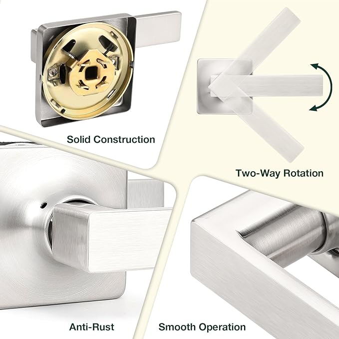 GOBEKOR 1 Pack Passage Lever Door Handles Satin Nickel Straight Door Levers for Closet Door Lock Keyless Square Interior Door Handle with Lock