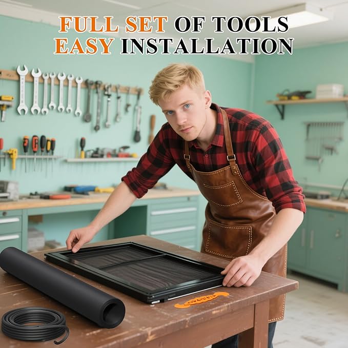 MAGZO Window&Door Screen Replacement Kit, 86" W x 196" L, with Retaining Spline(Total 65.6 FT) and Press-in Installation Tool, Polyester Scratch-Proof, Repair Adjustable Mesh for Windows&Doors, Black