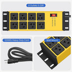 CCCEI Magnetic Heavy Duty Power Strip Surge Protector 20Amp, 12 Gauge High Amp Extension Outlets, Garage Wall Mount 8 Plug Metal Power Strip. 15FT, Yellow, 5-15P Adapter 6-20R T-Slot 20a for Appliance