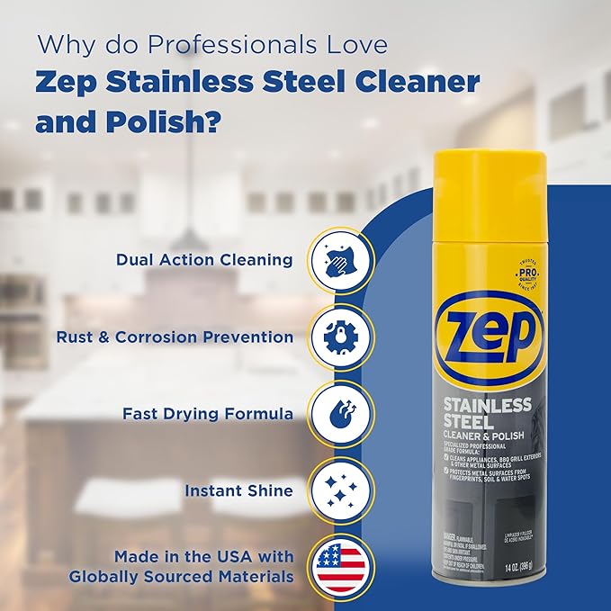 Zep Stainless Steel Cleaner and Polish - 14 oz (Case of 12) ZUSSTL14 - Protects Metal Surfaces From Fingerprints, Soil & Water Spots