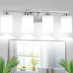 4-Light Bathroom Light Fixtures, 27" Modern Vanity Lights Over Mirror with Milky White Glass Shade, Brushed Nickel Wall Sconce, Classic Wall Light Fixture for Mirror Living Room Cabinet Bedroom Porch