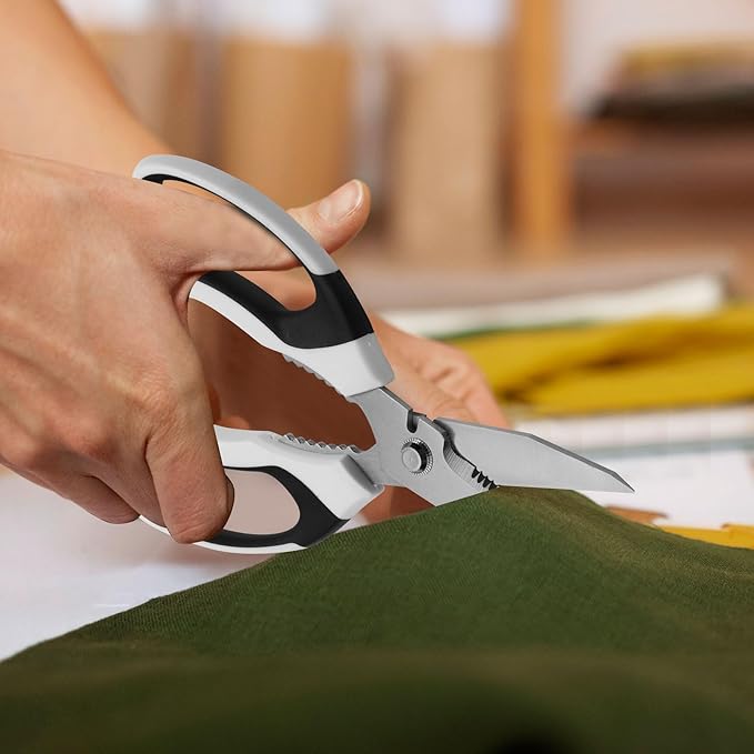 8-Inch Heavy Duty Utility Scissors All Purpose, Serrated Blade, White Comfort Grip for Cutting Carpet, Cardboard, Leather, Fabric, Multipurpose Sharp Shears for Kitchen, Garden, Office, Carft