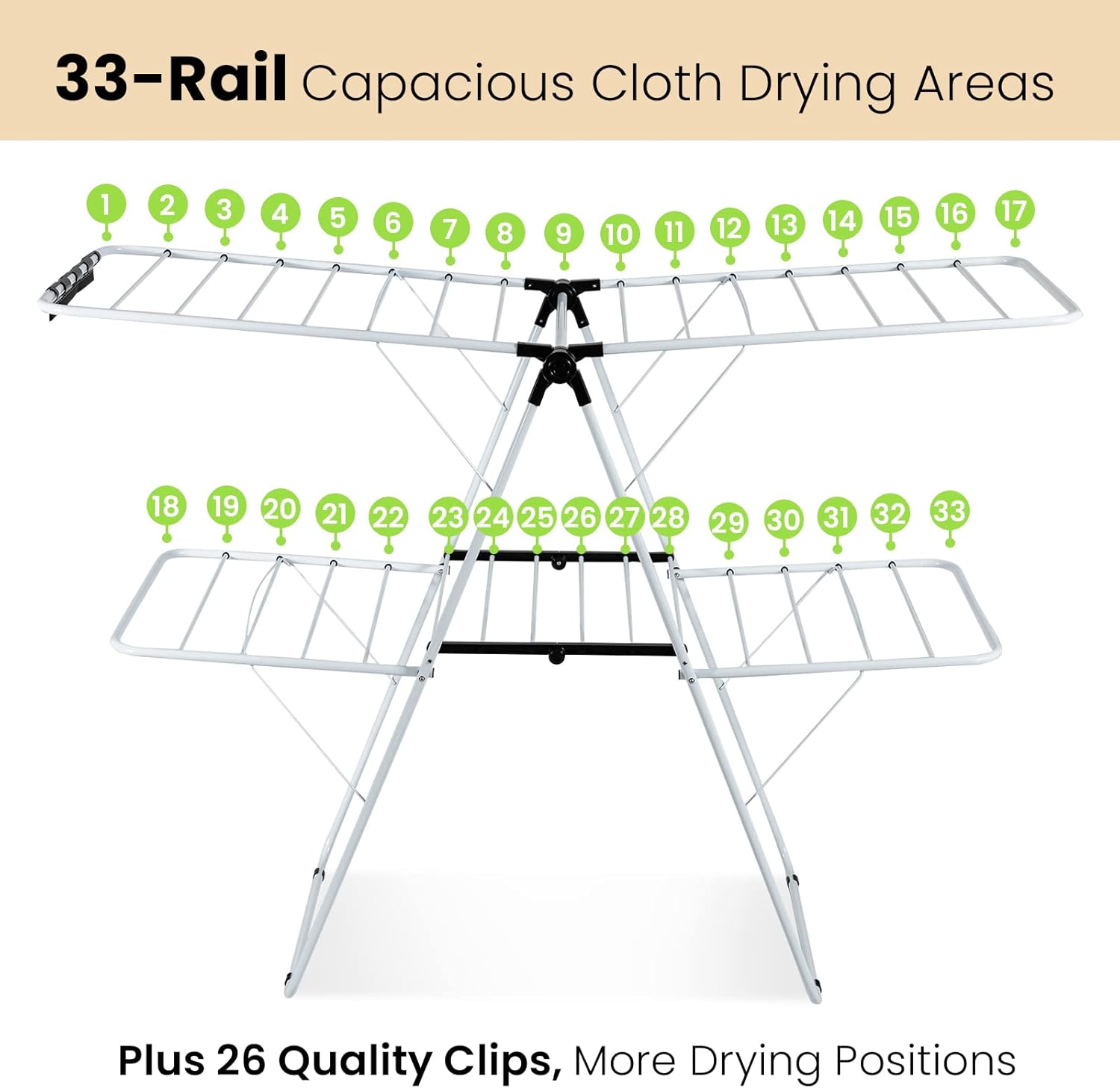 COSTWAY Clothes Drying Rack, Foldable 2-Level Laundry Drying Rack w/Height-Adjustable Wings, 33 Drying Rails & Sock Clips, Standing Large Drying Rack for Clothing, Indoor Outdoor Use