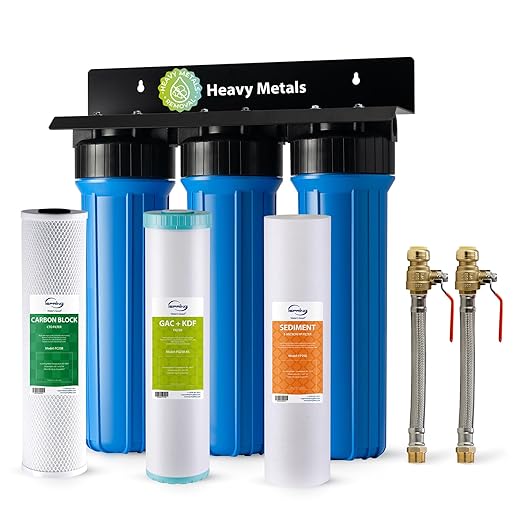 iSpring WGB32B-KS+AHPF12MNPT16X2 3-Stage Whole House Water Filter, Reduces Heavy Metals, Hydrogen Sulfide, Chlorine, Chloramine, Sediments w/ 3/4'' Push-Fit Braided Stainless Steel Hose Connectors
