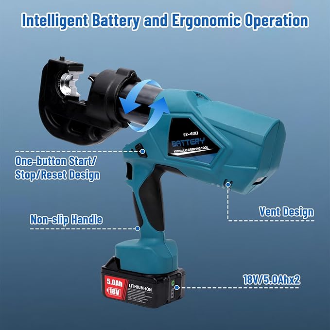 Electric Hydraulic Crimping Tool, 12Ton 6AWG-800MCM Rechargeable Hydraulic Cable Lug Crimper for Cu/Al Terminal, Continuously Crimp Wire Crimping Tool Kit with 12 Dies