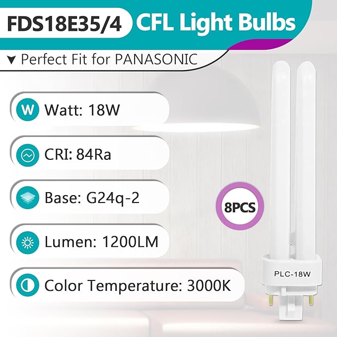 8PCS FDS18E35/4 CFL Light Bulbs Fits for Panasonic Fixtures,3500K 18W 4 Pin G24q-2 Base Plug-in Compact Fluorescent Lamp
