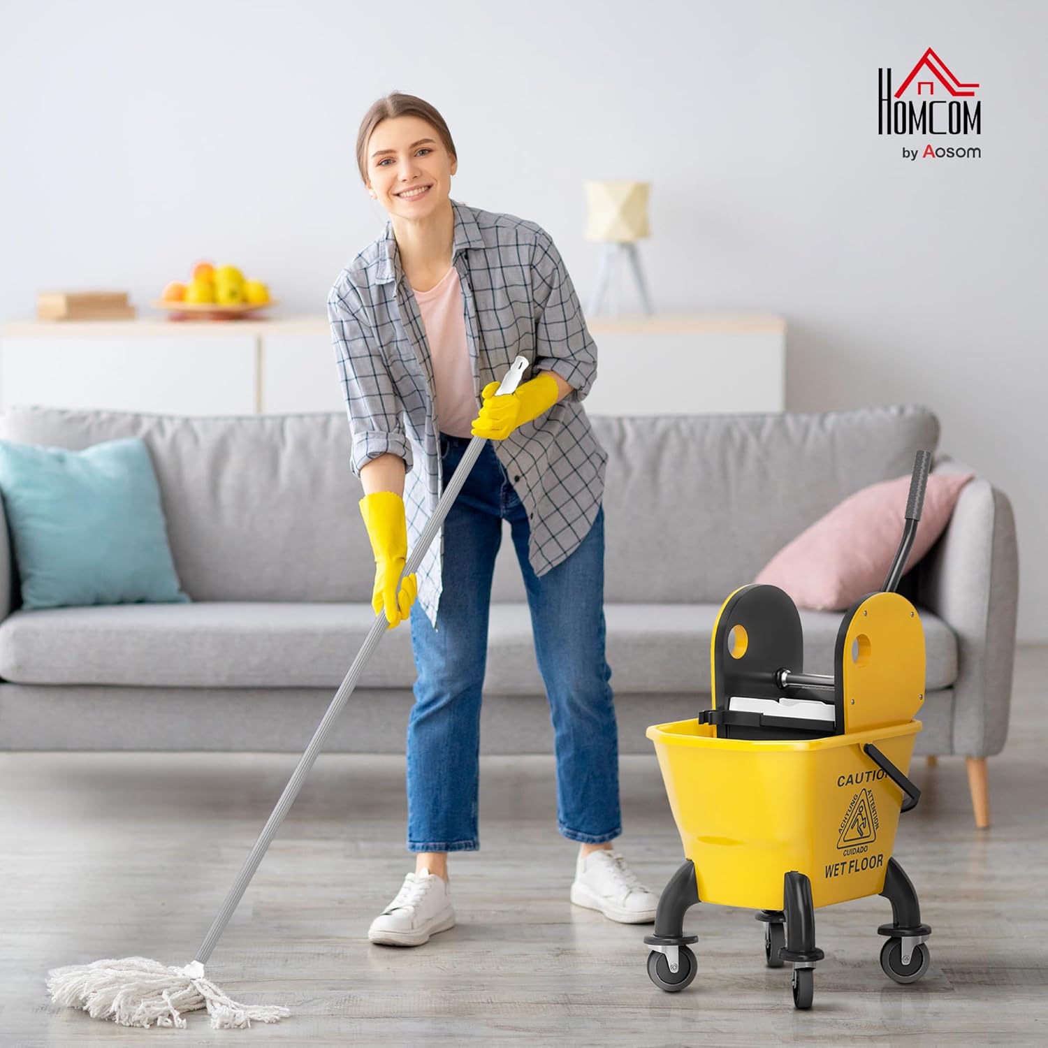 HOMCOM Mop Bucket with Wringer on Wheels for Floor Cleaning, 27.5 Quart Down Press Wringer with Handle and Mop, Yellow