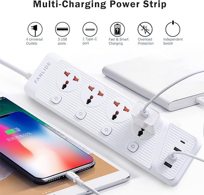 Universal Power Strip with USB C, 6.5ft Long Power Cord, 4 Outlets Power Strips with Surge Protection, 4 USB Ports Desktop Charging Station(3 USB-A & 1 USB-C)