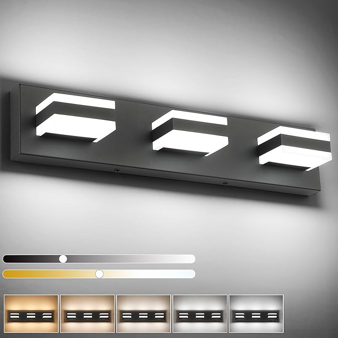 SOLFART 5 Color Temperature Adjustable Black 3 Lights Bathroom Vanity Fixtures, LED Vanity Light Over Mirror, Bathroom Light Fixture for Vanity